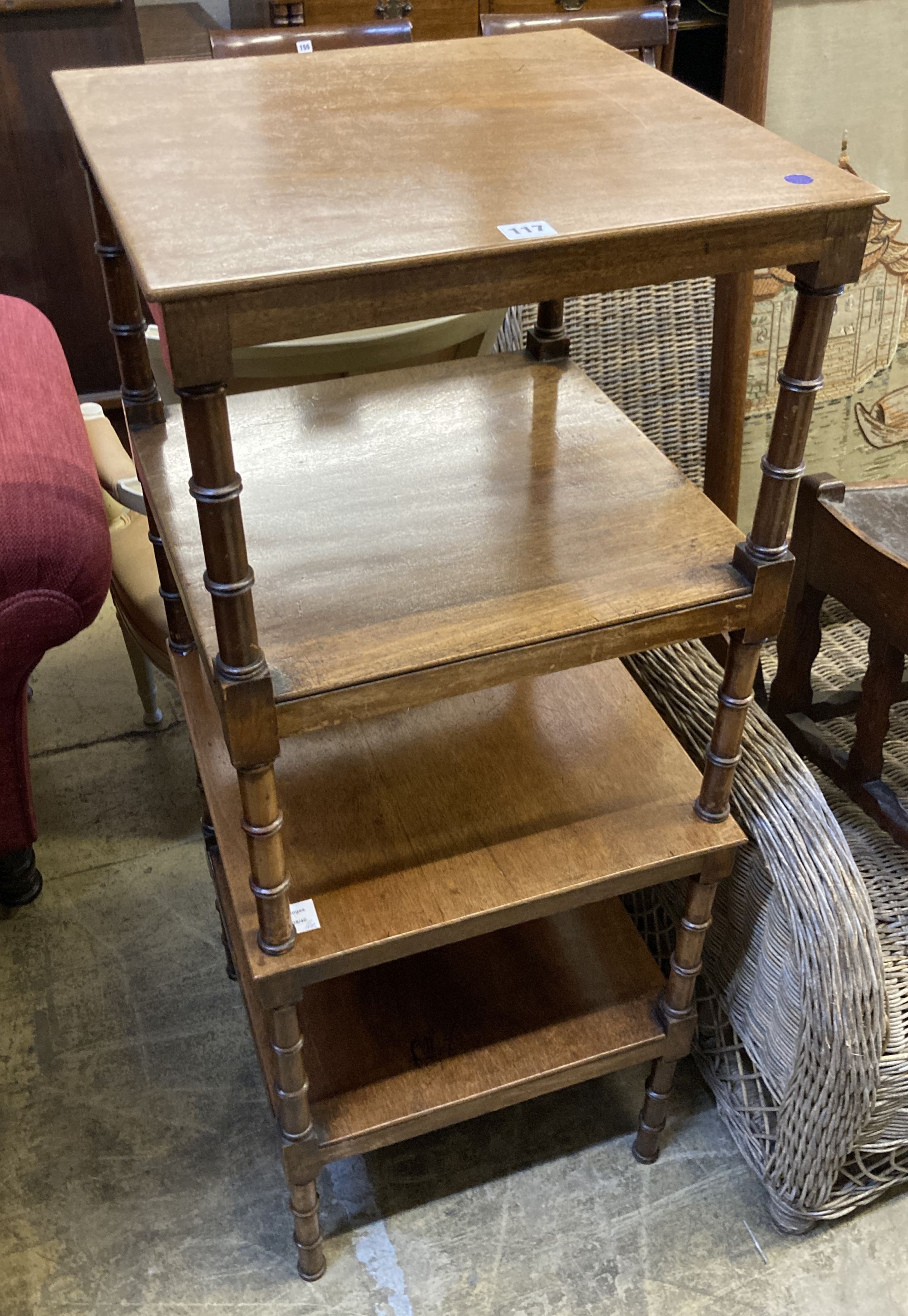 A pair of Regency style mahogany two tier occasional tables, width 47cm, depth 47cm, height 59cm